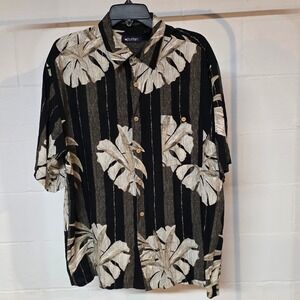 Puritan 90s Men L Short Sleeve Tropical Leaf Stripe Button Down Shirt Black Tan